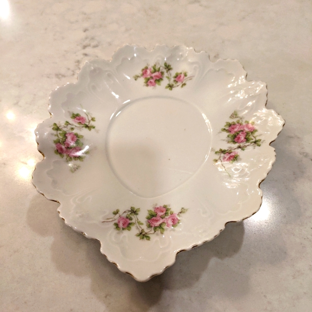 Vintage MZ Austria Hand Painted Floral Porcelain Trinket Dish 6.5" x 6"